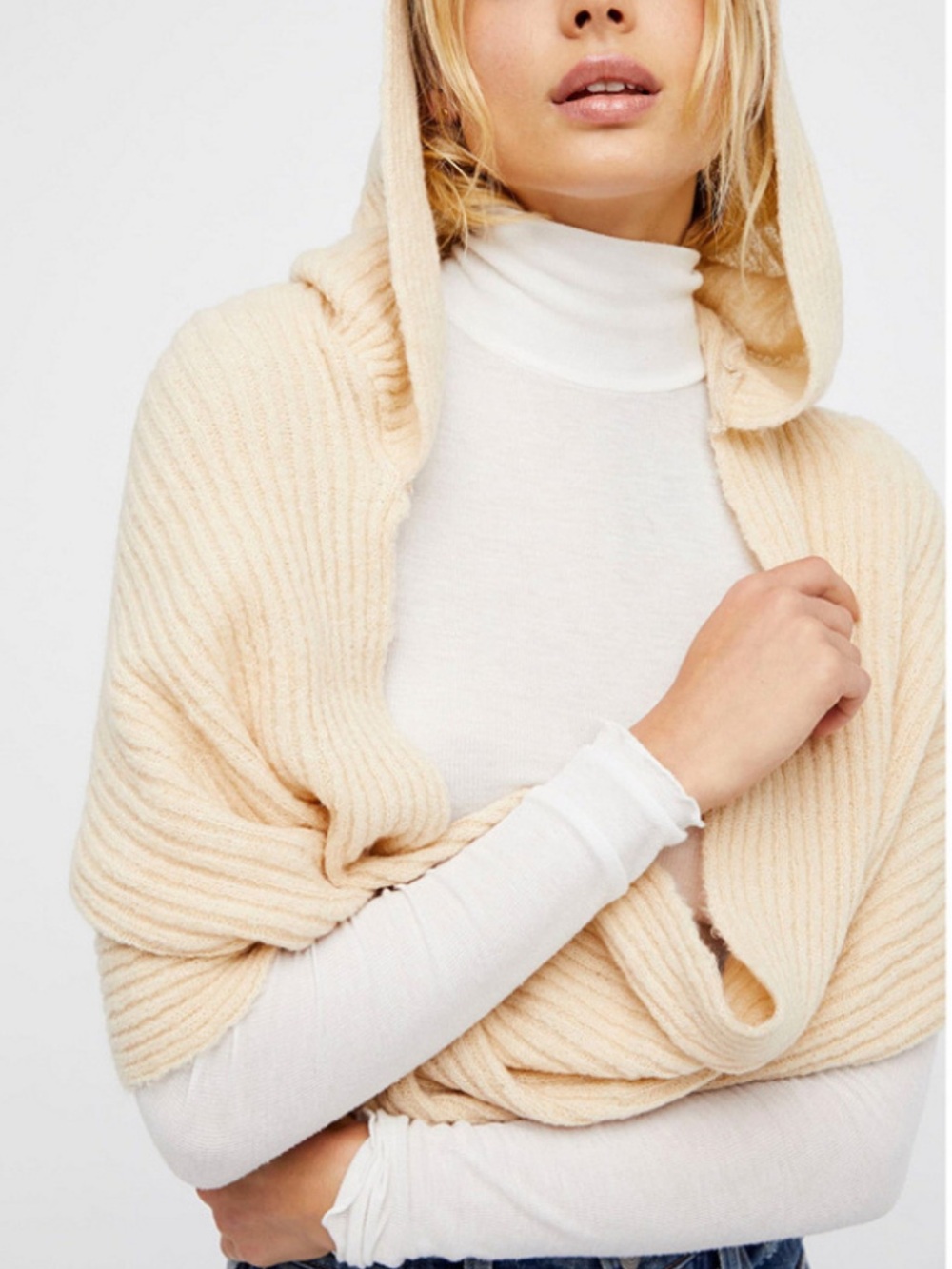 NWT Free People Bottom Line Hooded Rib Knit Wrap Infinity Taupe